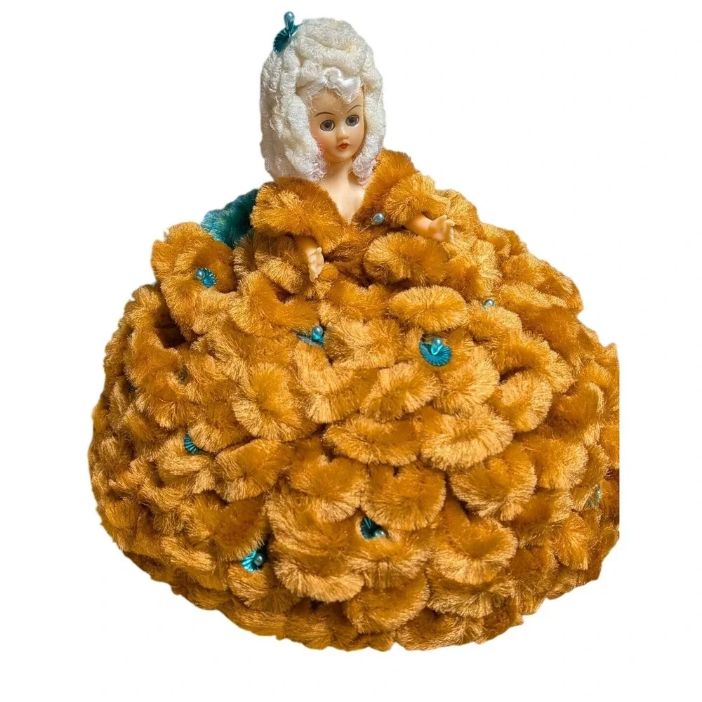 VTG Loopy Chenille Doll‎ Kitsch Boudoir 60s Gold Teal Décor Mid Century Coquette